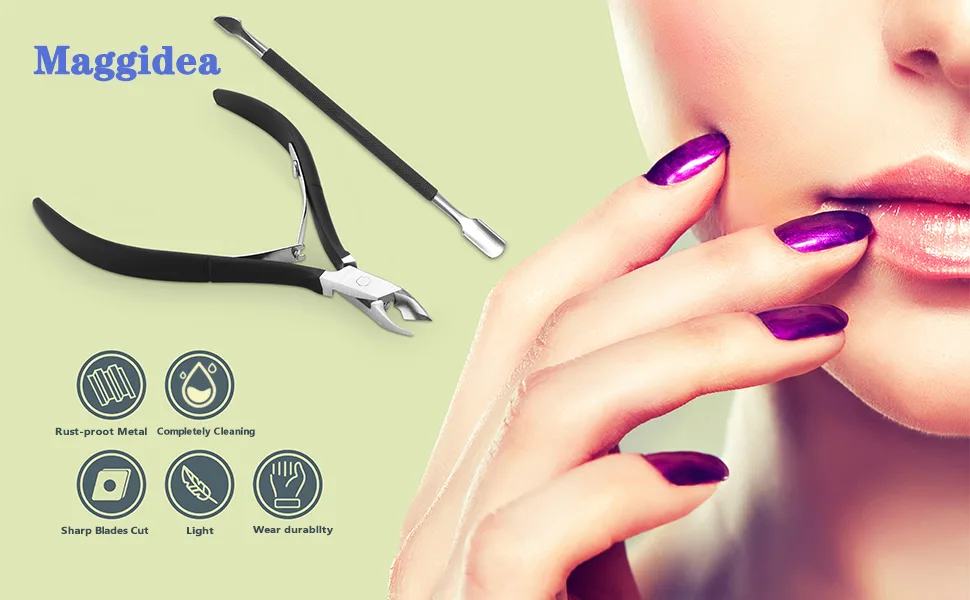 Cuticle Nipper with Cuticle Pusher-Professional Grade Stainless Steel Cuticle Remover & Cutter-Durable Manicure and Pedicure Tool (Black) - Maggidea