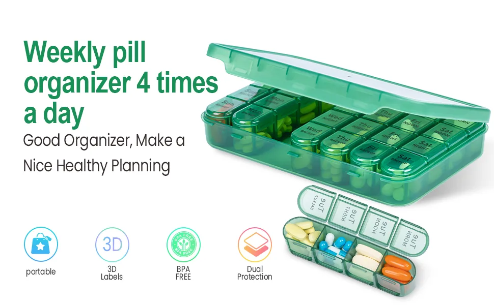 Pill Box 4 Times a Day Weekly Pill Organiser Box with 28 Compartments 7 Days Tablet Box for Morning Noon Evening and Bed Time (Olive) - Weekly Pill box 4 times a day, Pill organiser 4 times