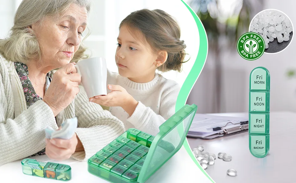 Pill Box 4 Times a Day Weekly Pill Organiser Box with 28 Compartments 7 Days Tablet Box for Morning Noon Evening and Bed Time (Olive) - Weekly Pill box 4 times a day, Pill organiser 4 times