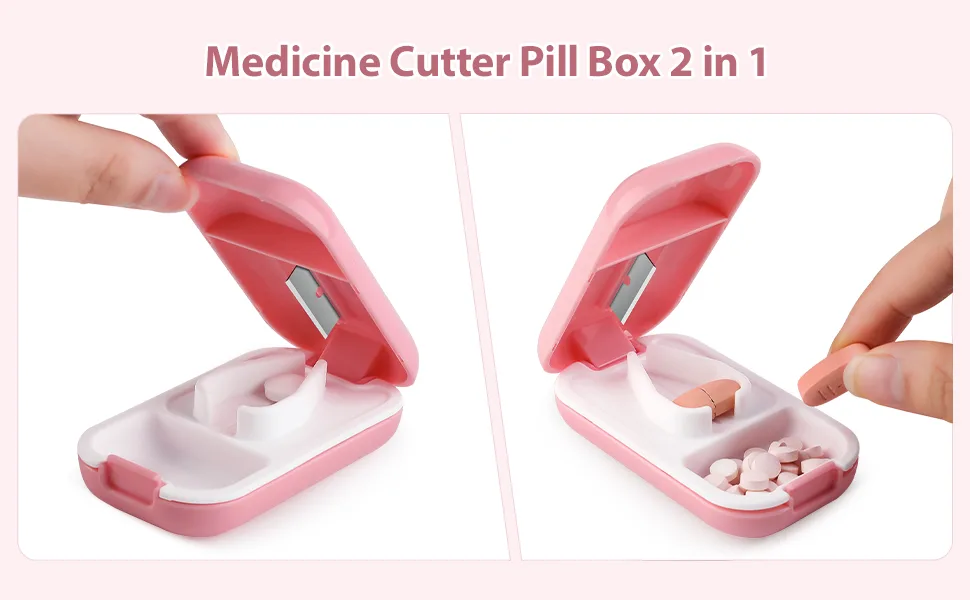 Opret Pill Cutter Pill Splitter with Blade for Small Pills Large Pills Cut in Half Quarter for Tablet Vitamin Medicine Pink - Medicine Cutter Pill Box 2 in 1