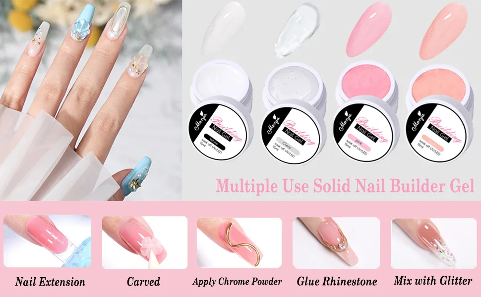 TEEROVA Solid Nail Extension Builder Gel Set 4 Colors Non-Sticky Hand Nail Extension Solid Builder Gel with Nail Tools Nail Art Hard Gel for Nails Sculpting Manicure 3D Modeling - Multiple use solid nail builder gel