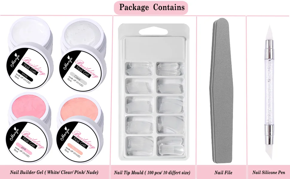 TEEROVA Solid Nail Extension Builder Gel Set 4 Colors Non-Sticky Hand Nail Extension Solid Builder Gel with Nail Tools Nail Art Hard Gel for Nails Sculpting Manicure 3D Modeling - Package contains