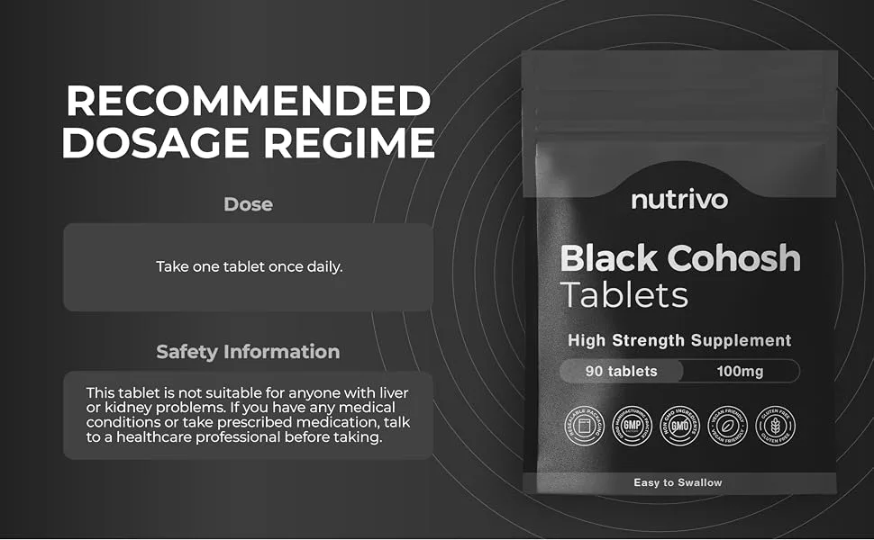 Nutrivo Black Cohosh Menopause Relief | 100mg - 90 Tablets | 3 Month s Supply | High Strength Tablets | Good Alternative to Capsules - Black cohosh dosage