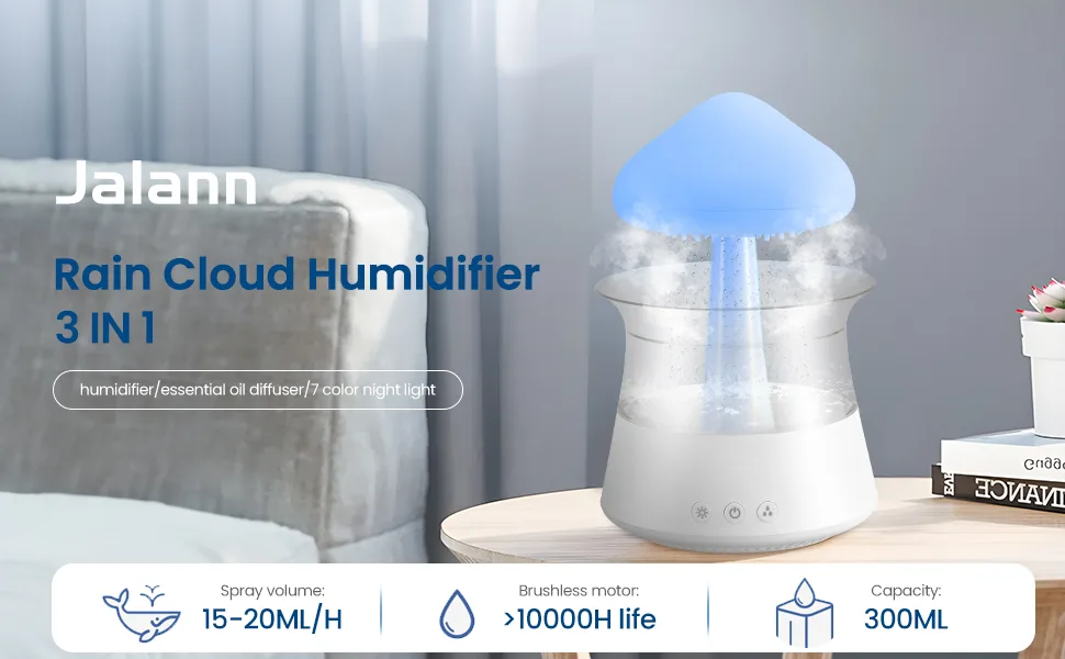 Rain Cloud Humidifier 3 in 1 Raincloud Humidifier/Essential Oil Diffuser/7 Colors Night Light Bedside Cute Raining Drop Sounds for Sleeping Aromatherapy Essential Oil Diffuser for Bedroom (White) - product information 1
