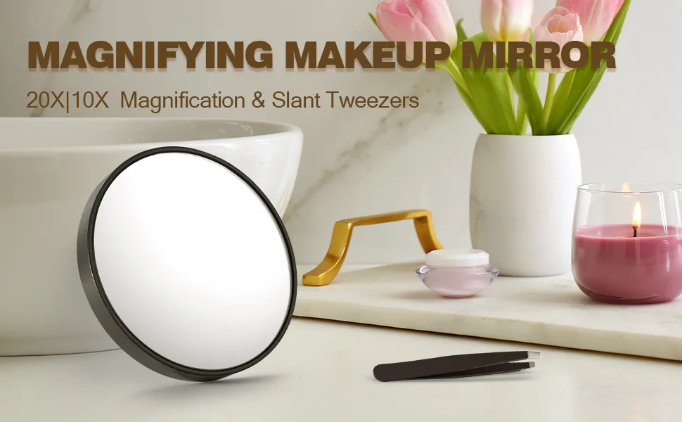 Macaki 20X Magnifying Mirror with 2 Suction Cups 8.8cm Magnified Makeup Mirror and Slant Tweezers 1PCS Black - magnifying mirror