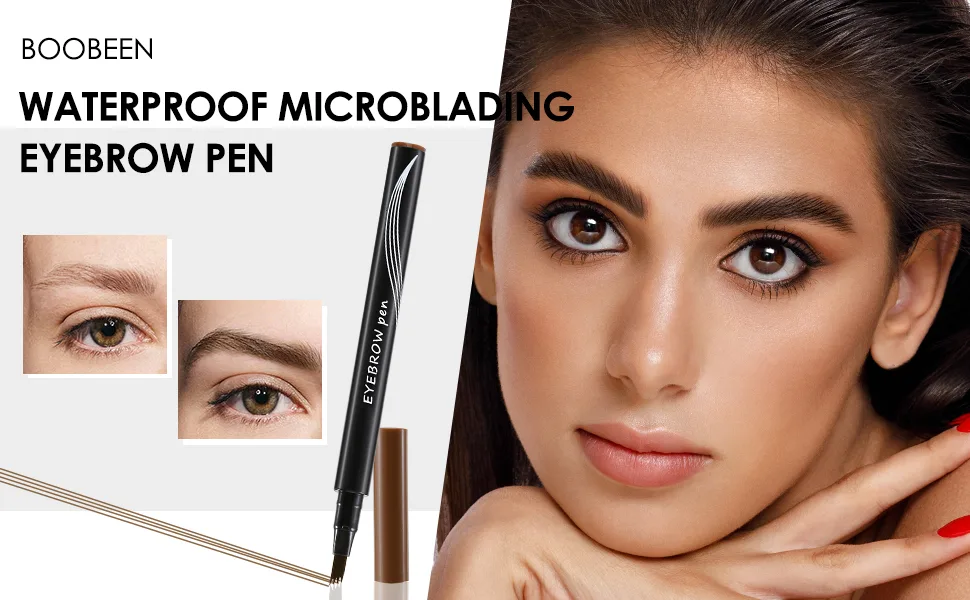 Boobeen Waterproof Eyebrow Pen-Micro Tip Eyebrow Pencil Liquid Eyebrow Fork Tip Pen Creates Natural 3D Eyebrow Hair Long Lasting Black - product information 1