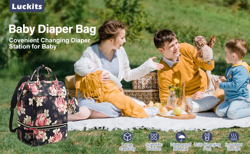Luckits Nappy Bag 2 Layer Changing Bag Waterproof Diaper Bag with Insulated Pockets and Pacifier Holder Nappy Changing Bags Multi-Function Baby Bag with USB Port Stroller Strap for Mom & Dad - baby changing bags