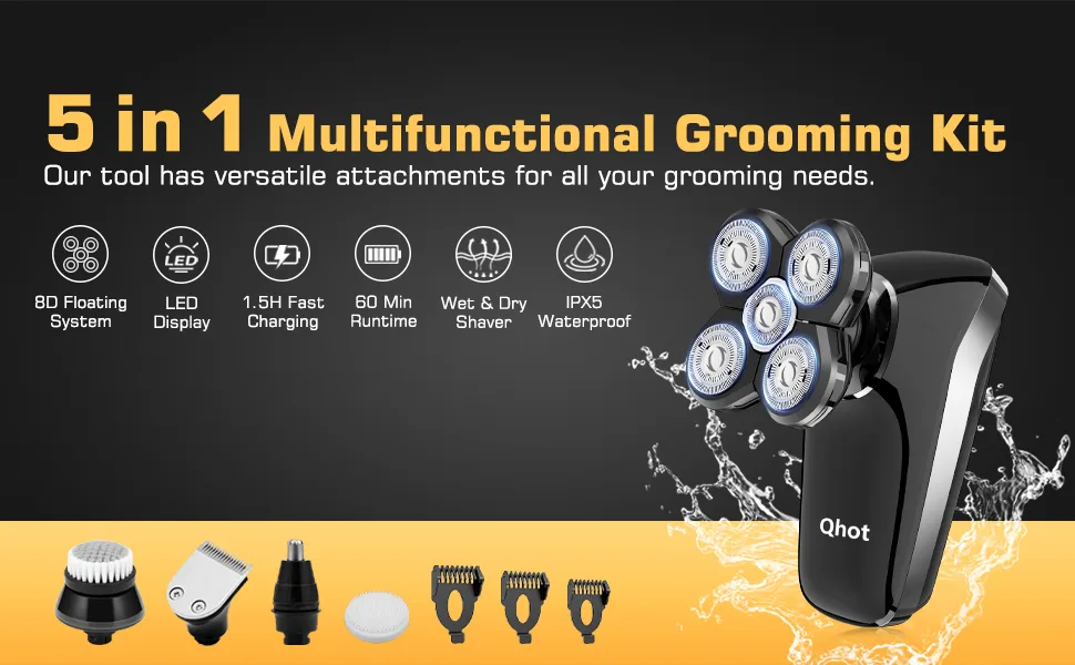 Qhot Head Shavers for Men 2023 Upgraded 6 in 1 Cordless Waterproof Head Electric Shaver for Bald Men (S5) - product information 1