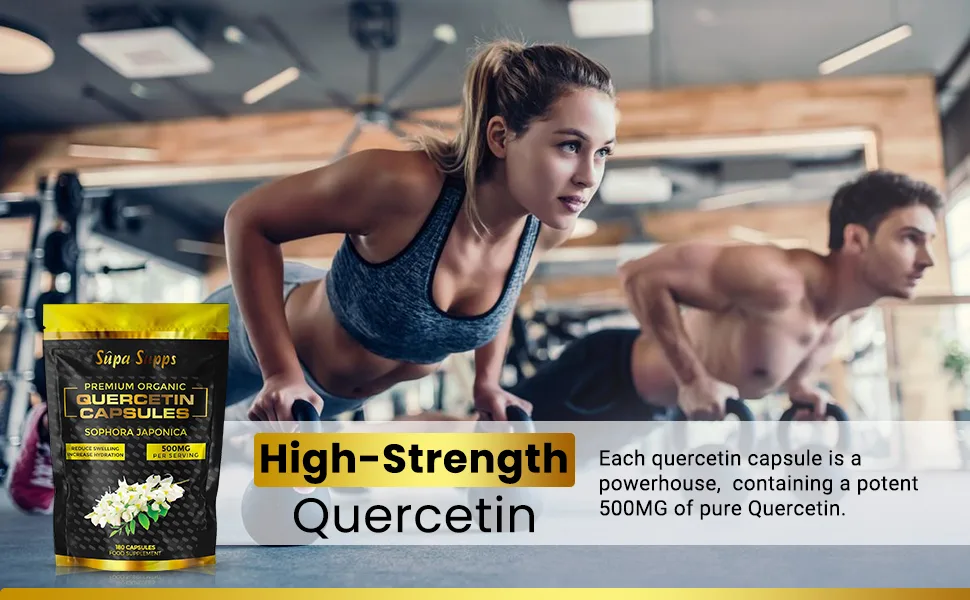 Supa Supps Organic Quercetin Capsules - High Strength Quercetin 500mg Antioxidant Supplements - Reduce Swelling & Increase Hydration - Immune Support Vegan Supplements - 6 Month Supply (180 Capsules) - Woman and man doing push ups with descriptions of product features