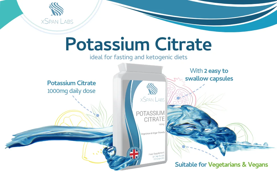 Potassium Citrate 1000mg - Daily dose 120 Capsules Super high Strength Electrolytes Support with Extreme bioavailability & Absorption - Keto and Fasting Diet - Made in The UK - xspan labs Potassium Citrate A