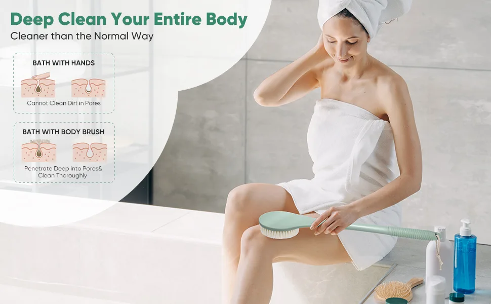 Back Scrubbers for Use in Shower Exfoliating Back Shower Brush Long Handle Shower Back Scrubber for Body Dark Green - Body Brush for Shower A+7