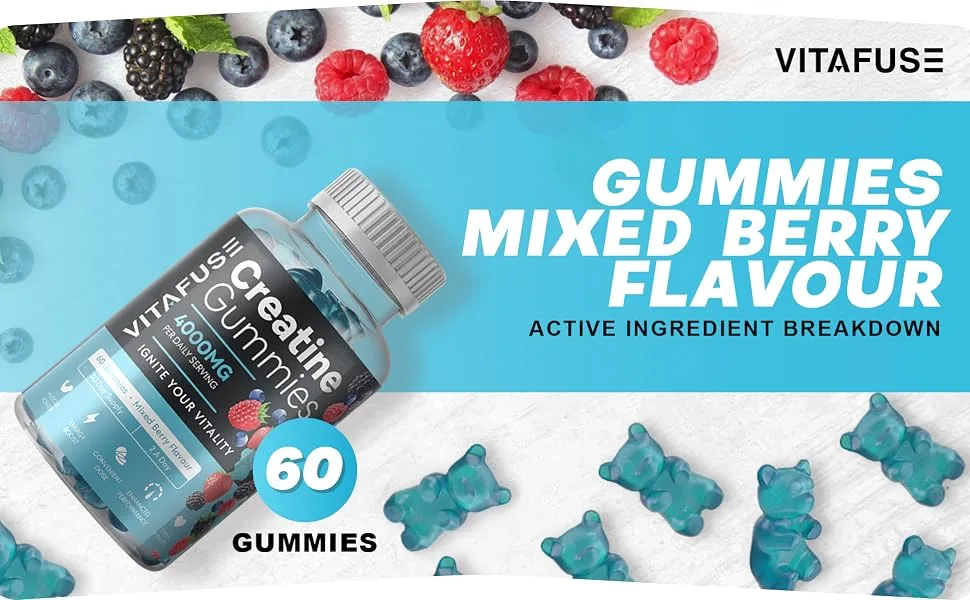 VITAFUSE Creatine Monohydrate Gummies | 4000mg Daily Serving Creatine Gummies in Mixed Berry Flavour | Creatine Gummies for Women & Men - Creatine Gummies Ingredients