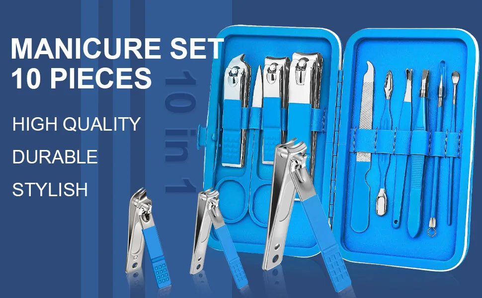 Manicure Set 10pcs Professional Nail Clippers Kit Pedicure Care Tools-Stainless Steel Grooming Tools for Travel (Blue) - manicure set nail clipper kit