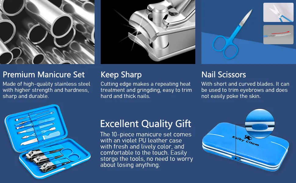 Manicure Set 10pcs Professional Nail Clippers Kit Pedicure Care Tools-Stainless Steel Grooming Tools for Travel (Blue) - manicure set nail clipper kit