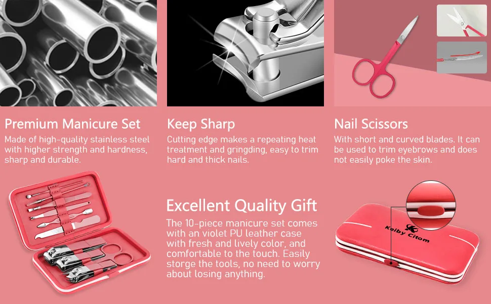 Manicure Set 10pcs Professional Nail Clippers Kit Pedicure Care Tools-Stainless Steel Grooming Tools for Travel (Sakura Pink) Rose Texas - manicure set nail clippers kit