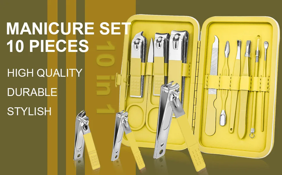 Manicure Set 10pcs Professional Nail Clippers Kit Pedicure Care Tools-Stainless Steel Grooming Tools for Travel (Yellow) - manicure set nail clippers kit
