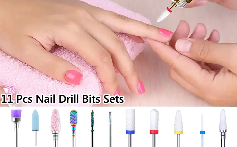 YHTSPORT Nail Drill Bits 11 Pcs Tungsten Carbide/Ceramic nail drill bits 3/32" Cuticle Drill Bit for Acrylic Gel and Cuticle Removal Electric Nail Files Accessories - 11 Pieces nail drill bits set