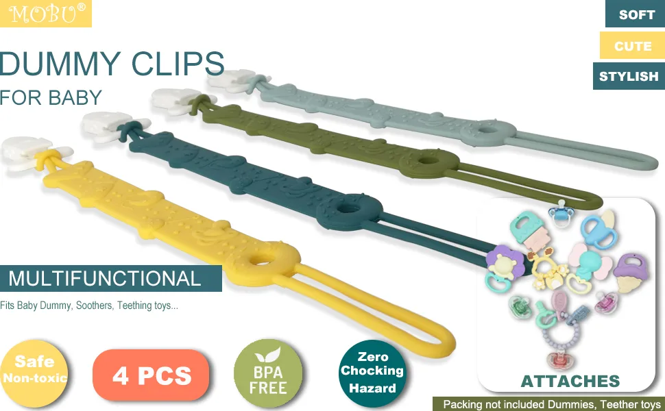 Dummy Clip MOBU 4pcs Soft Silicone Dummy Clips Boys Girls Cute & Stylish Colours Pacifier Clips Holders Soother Clips Chains (4 Colors_ ) - dummy clip