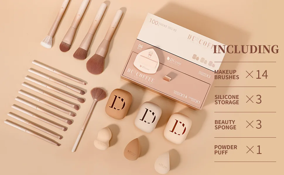 DUcare Makeup Brushes 14Pcs Coffee Series Makeup Brush set with Makeup Sponges Premium Gifts Foundation Blending Face Powder Blush Eye Shadows Brushes - product information 2