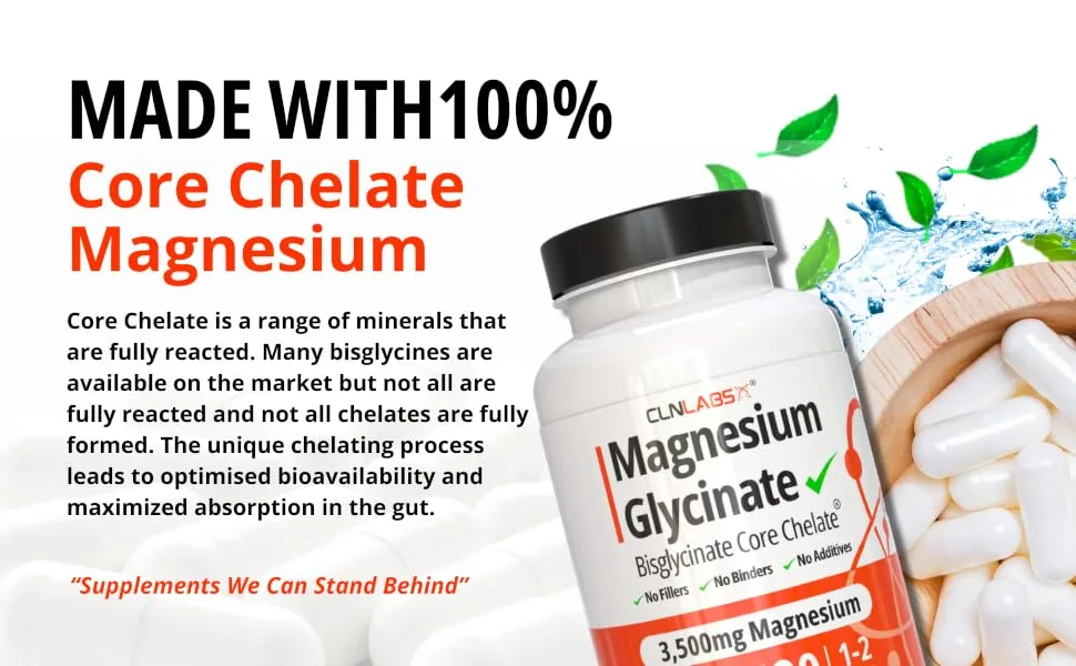 Magnesium Glycinate (Bisglycinate) - 3500mg (400mg Elemental) | Chelated Magnesium Supplement | 120 Capsules / 30 Servings | Highly Bioavailable | Made in UK - GMP Certified - Made With 100% Core Chelate Magnesium