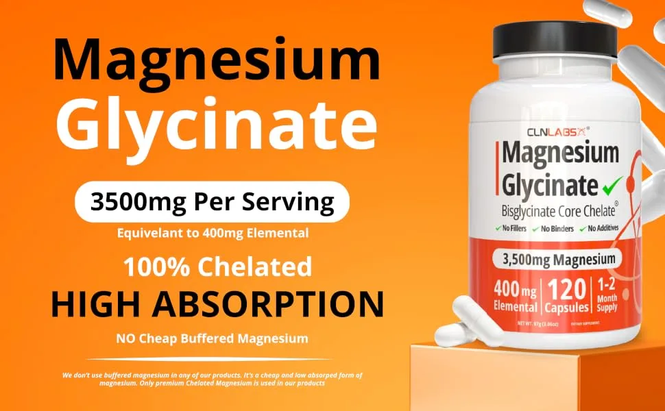 Magnesium Glycinate (Bisglycinate) - 3500mg (400mg Elemental) | Chelated Magnesium Supplement | 120 Capsules / 30 Servings | Highly Bioavailable | Made in UK - GMP Certified - Super Strength Core Chelated Magnesium Bisglycinate