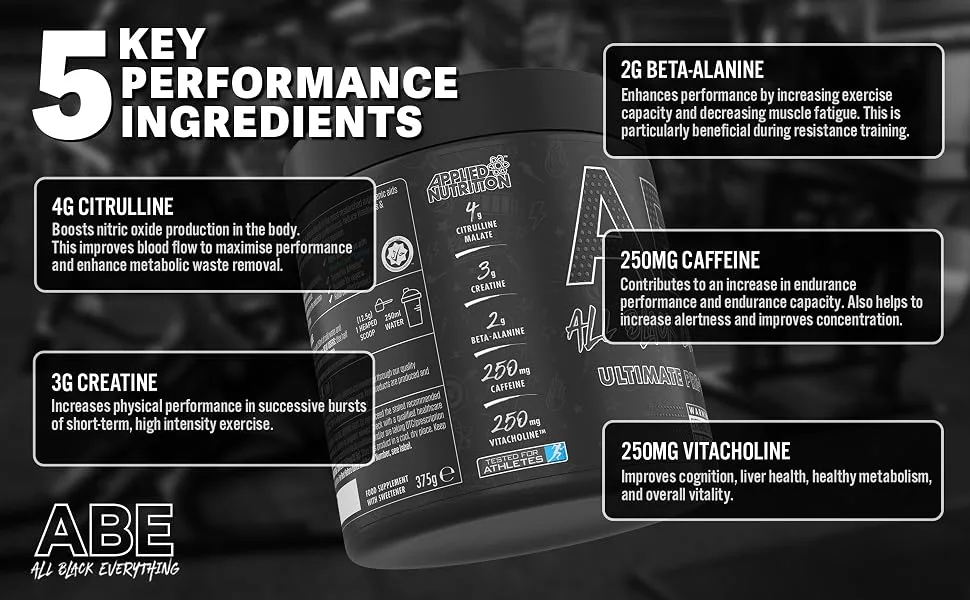 Applied Nutrition ABE Pre Workout - All Black Everything Pre Workout Powder Energy & Physical Performance with Citrulline Creatine Beta Alanine (375g - 30 Servings) (Sour Apple) - ABE 375 updated A+