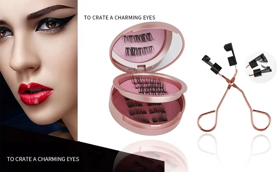 Magnetic Eyelashes without Eyeliner Reusable 3 Pairs False Lashes Natural Look 3D Effect Waterproof Fake Eyelash Set with Applicator Rose - Magnetic Eyelashes
