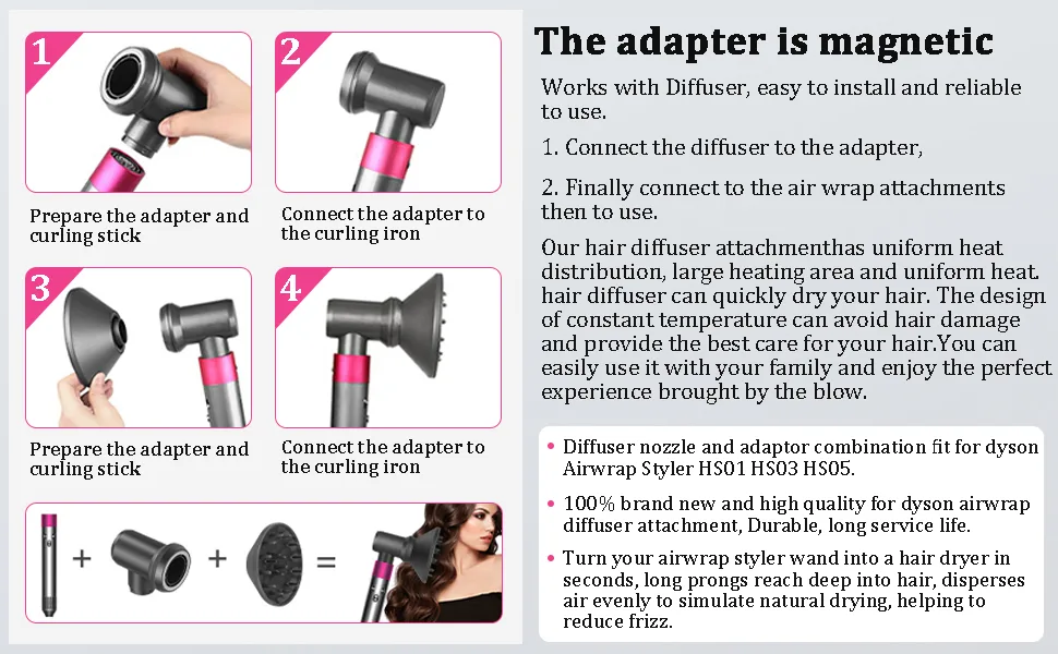 Diffuser and Adaptor Compatible with Dyson Airwrap Styler Attachments Airwrap Styler Converting Hairdryerr Combo Accessories Gifts for Women - Small and lightweight diffuser and adaptor set that