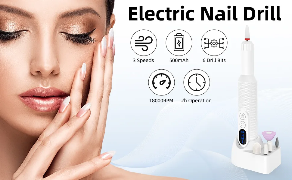 Electric Nail Drill Professional Electric Nail File with 6 Nail Drill Bits for Acrylic Gel Nails and Manicure Pedicure Tools (White) - product information 1