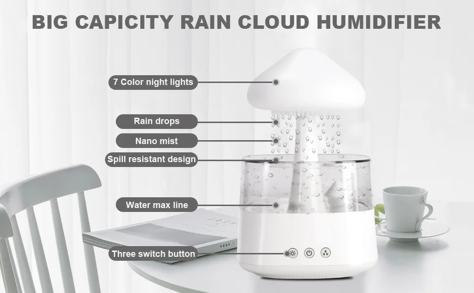 MIFXIN Cloud Rain Humidifier with 7 Colors LED Light Aromatherapy Essential Oil Diffusers Micro Humidifier with Remote Control Desk Fountain Bedside Sleeping Relaxing Mood Water Drop Sound (Black) Black 2024 - night light