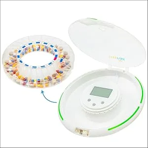 LiveFine Automatic Pill Dispenser with 28-Day Electronic Medication Organizer 6 Dosage Templates Easy-Read LCD Display Sound & Light Alerts & Key for Prescriptions Vitamins Supplements & More White - 28 Spacious Compartments