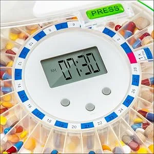 LiveFine Automatic Pill Dispenser with 28-Day Electronic Medication Organizer 6 Dosage Templates Easy-Read LCD Display Sound & Light Alerts & Key for Prescriptions Vitamins Supplements & More White - Simple Setup & Scheduling