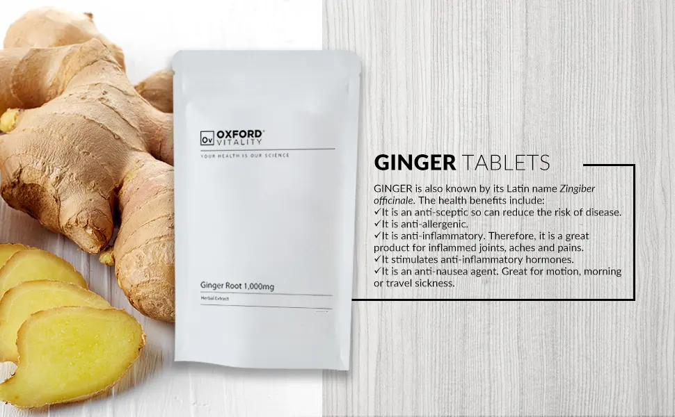 Ginger Tablets | High Strength 1000mg Ginger Root Extract Supplement | for Sickness Nausea & Joint Pain | Oxford Vitality 120 Count (Pack of 1) - product information 2