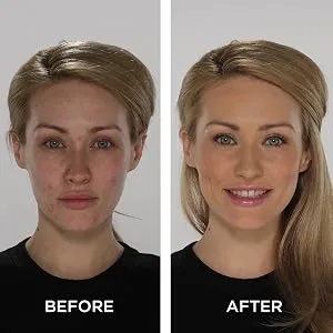 JML V13171 Mineral Magic 3-in-1 Powder Makeup and Brush Set 10 g - model demonstrating before and after results of makeup application