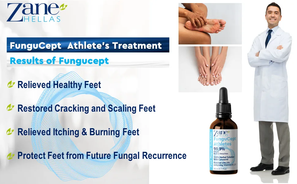Zane Hellas FunguCept Athlete s Repair Solution. Relieves Itching Burning Cracking Scaling. Stop Bad Odor. Visible Results in 5 Days. 1 fl. oz - 30 ml. - Athletes Foot