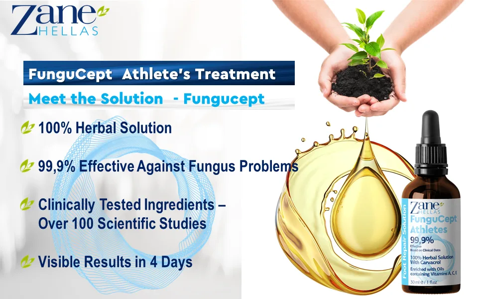 Zane Hellas FunguCept Athlete s Repair Solution. Relieves Itching Burning Cracking Scaling. Stop Bad Odor. Visible Results in 5 Days. 1 fl. oz - 30 ml. - Athletes Foot