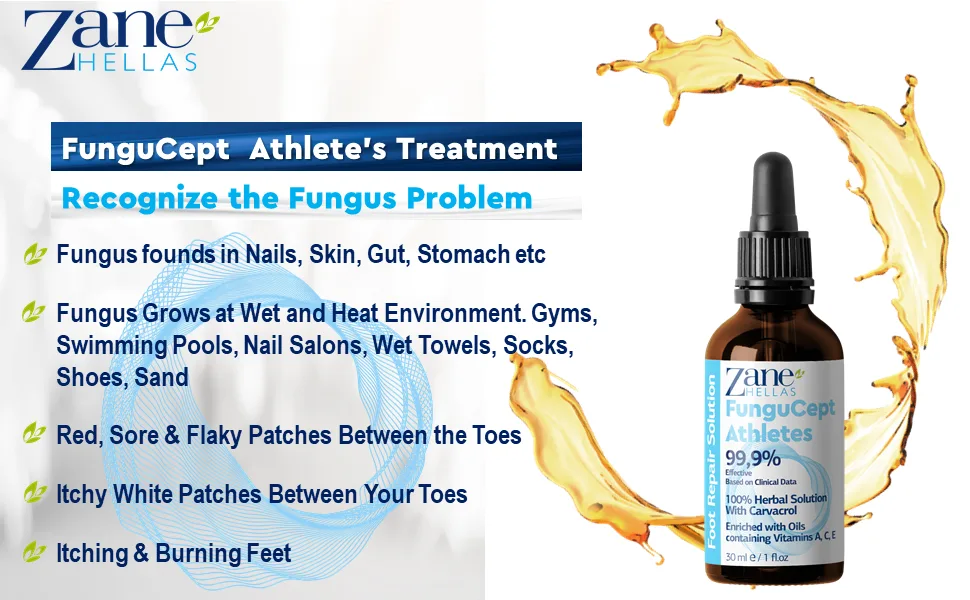 Zane Hellas FunguCept Athlete s Repair Solution. Relieves Itching Burning Cracking Scaling. Stop Bad Odor. Visible Results in 5 Days. 1 fl. oz - 30 ml. - Athletes Foot
