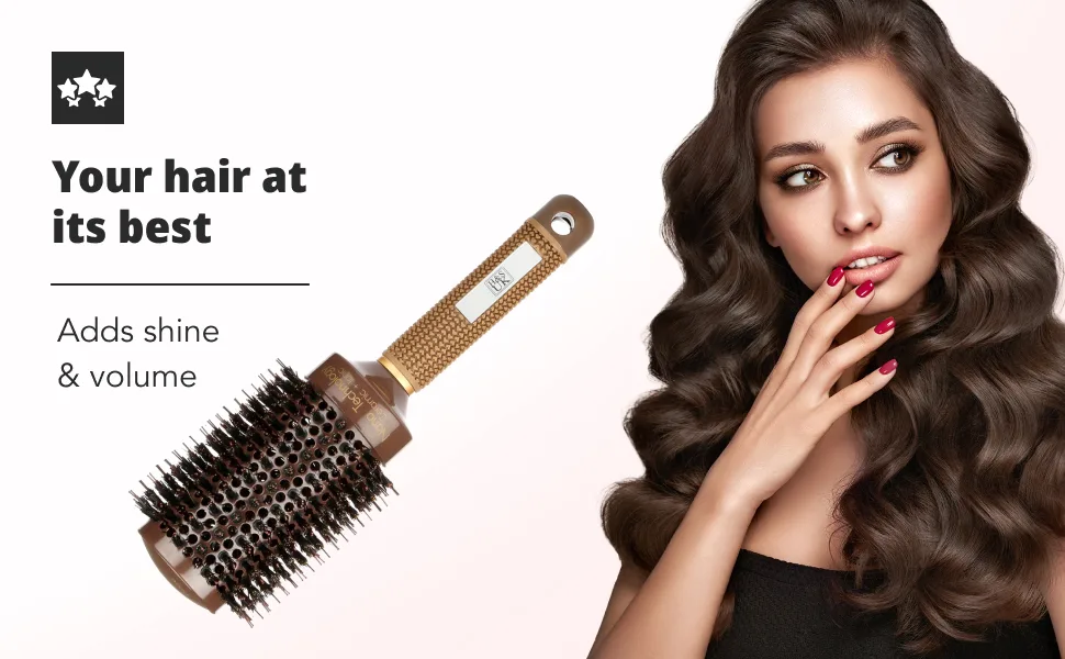 H&S Round Hair Brush Blow Dry Drying Boar Bristle 53mm Large Round Barrel Nano Technology Ceramic Ionic Hairbrush Brown - FRAME 1
