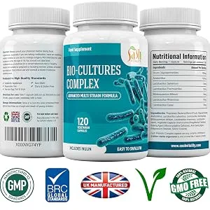 Bio-Cultures Complex Probiotics for Adults - 120 Vegetarian Capsules - Advanced Multi-Strain - Prebiotic Inulin - Active Strains Lactobacillus Acidophilus & Bifidobacterium - UK Made Sash Vitality Complex Probiotics Capsules (Adults) - Probiotics for Adults Active Strains Lactobacillus Acidophilus Bifidobacterium Prebiotic