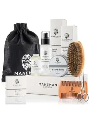 Maneman London Beard Grooming Kit for Men - 7 Piece Gift set shampoo oil softens itch free relief - Beard Kit