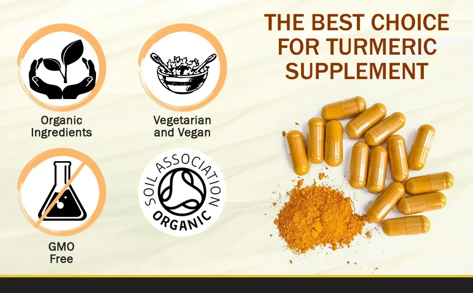 Organic Turmeric Curcumin with Organic Ginger & Black Pepper 120 Capsules | Highest Potency Tumeric Supplement | Soil Association Certified - Desciption 2