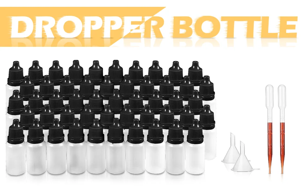 Hyber&Cara 50 Pcs 10ml Dropper Bottle Plastic Squeeze Bottle Eye Liquid Dropper with Tamper Evident Screw Top Bonus 2 Funnels and 2 Pipette - Dropper Bottle
