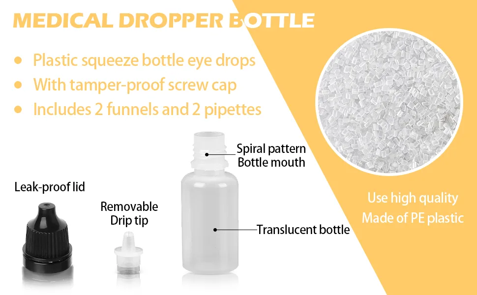 Hyber&Cara 50 Pcs 10ml Dropper Bottle Plastic Squeeze Bottle Eye Liquid Dropper with Tamper Evident Screw Top Bonus 2 Funnels and 2 Pipette - Dropper Bottle