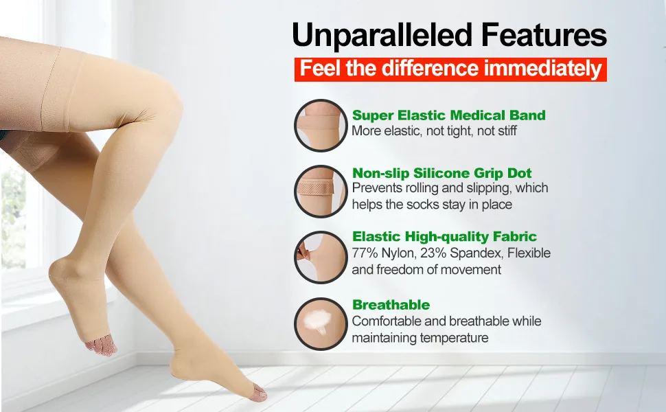 Thigh High Compression Stockings Open Toe Pair Firm Support 20-30mmHg Gradient Compression Socks with Silicone Band Unisex Opaque Best for Spider & Varicose Veins Edema Swelling Black M Medium Black - product information 3