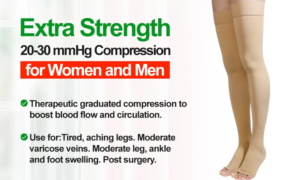 Thigh High Compression Stockings Open Toe Pair Firm Support 20-30mmHg Gradient Compression Socks with Silicone Band Unisex Opaque Best for Spider & Varicose Veins Edema Swelling Black M Medium Black - product information 4