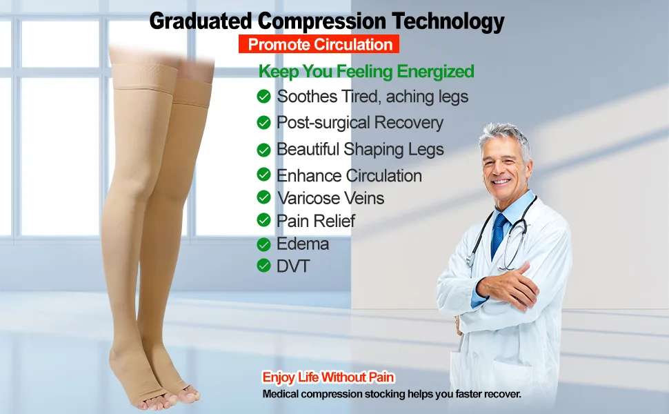 Thigh High Compression Stockings Open Toe Pair Firm Support 20-30mmHg Gradient Compression Socks with Silicone Band Unisex Opaque Best for Spider & Varicose Veins Edema Swelling Black M Medium Black - product information 6