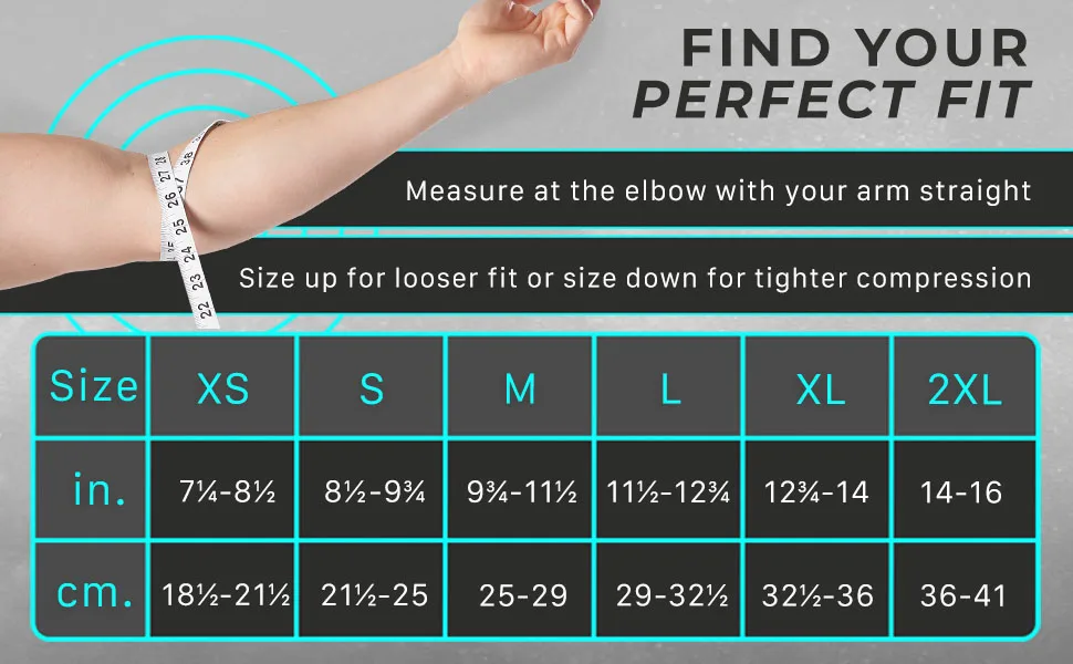 Rymora Elbow Brace Support Sleeve for Men and Women Suitable for Weightlifting and Weak Joints Reduce Joint Pain During Any Activity Pair (Slate Grey) XS - Size Chart