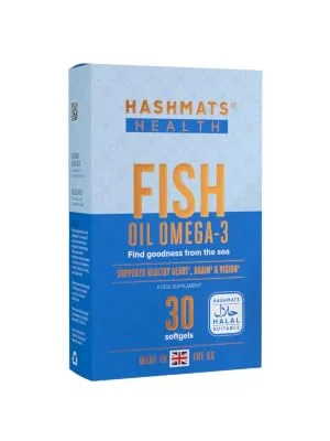 HASHMATS Health Fish Oil Omega-3 (30 Softgels) Supplement | Halal Suitable | Mfd with Pharmaceutical Grade Technology - front fish
