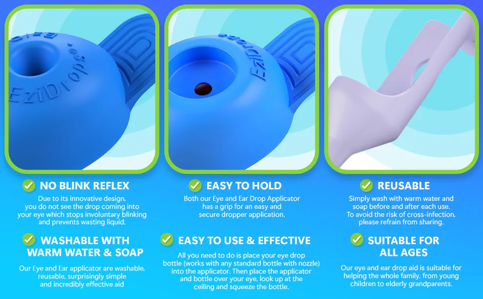 EziDrops - Eye Drop Dispenser Aid - Easy Eye Drop Applicator - Safe & Easy Vision Care (Blue) - EZIDROPS EYE NO BLINK REFLEX EASY TO HOLD REUSABLE