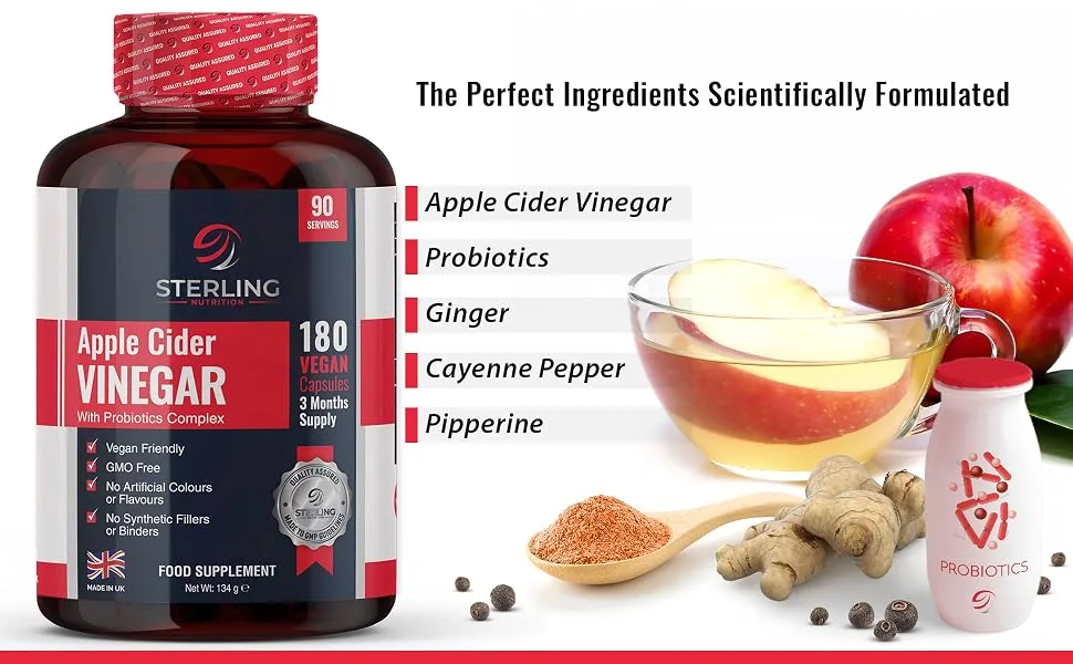 Apple Cider Vinegar Complex with Added Probiotics - 180 ACV Max Strength Vegan Capsules - 3 Month Supply - Made in UK - by Sterling Nutrition - Picture of sterling Nutrition Apple Cider vinegar capsules ingredients